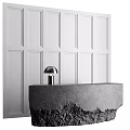 Hotel Front Desk With Stone Countertop And Modern Lamp Against Paneled Walls