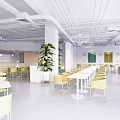 Modern Restaurant Interior With Green Chairs Plants Hanging Lights And Dining Tables