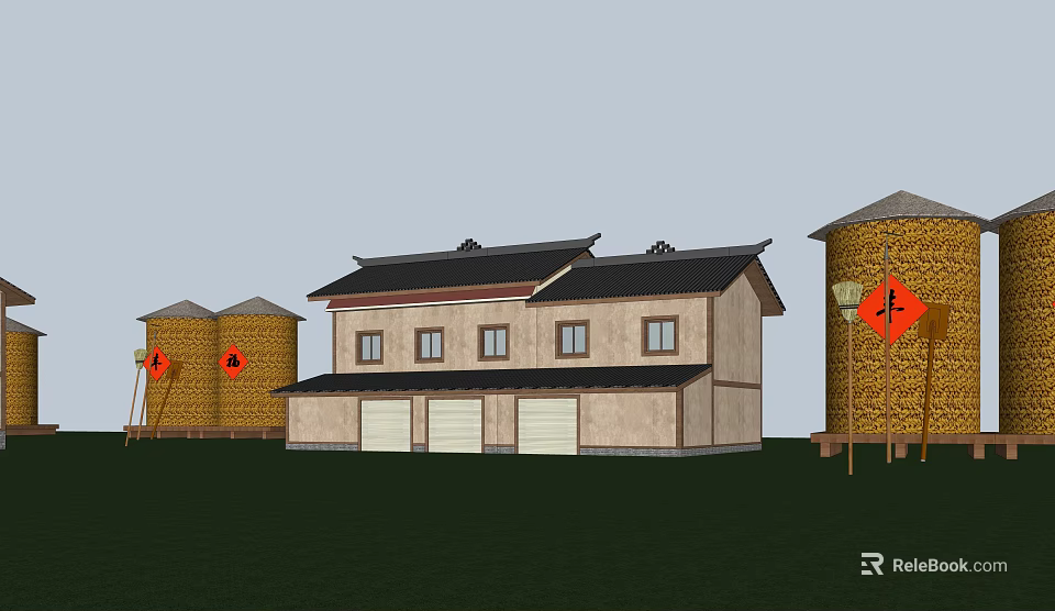 Traditional Chinese Style Building With Grain Silos And Feng Character Decorations On Green Grassland 3d model 