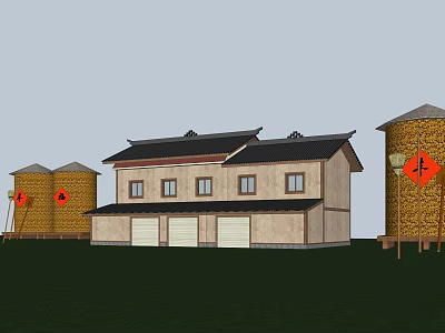Traditional Chinese Style Building With Grain Silos And Feng Character Decorations On Green Grassland 3d model