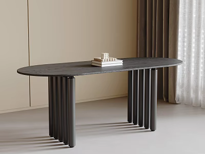 Black Oval Dining Table with Column Legs and Stack of Books Beige Wall Brown Curtains 3d model