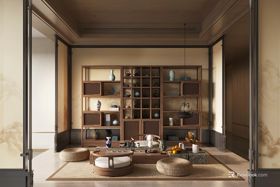 Traditional Tea Room Interior With Wooden Shelves Tea Sets Vases And Round Cushions 3d model 