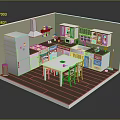 Cartoon Kitchen Scene with 3D Model Cabinets Refrigerator Dining Table Chairs and Wooden Floor