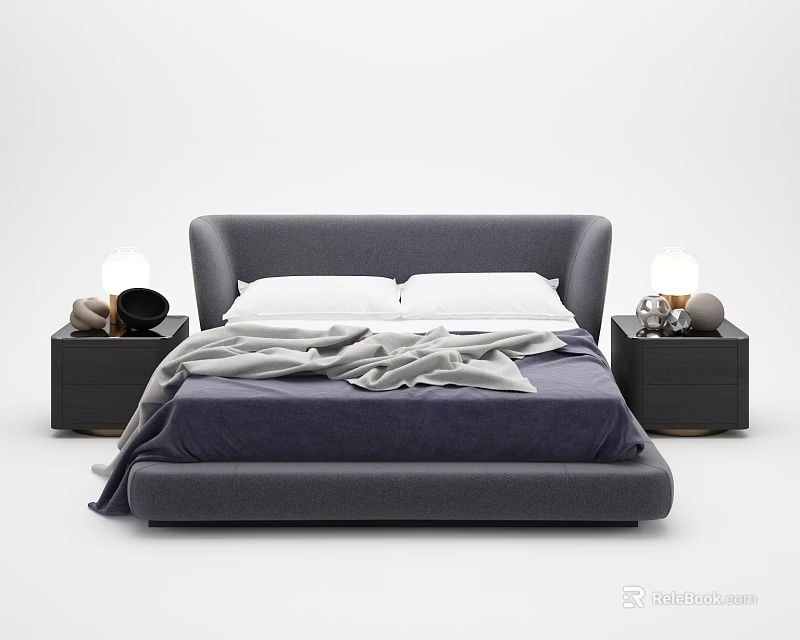 Modern Grey Double Bed with Stylish Headboard White Pillows and Bedside Tables 3d model