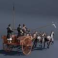 Ancient Wooden War Chariot Pulled By Four Horses With Warriors