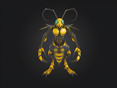 Detailed Mechanical Insect 3D Model Featuring Yellow Black Stripes Green Eyes And Mechanical Limbs 3d model