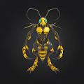 Detailed Mechanical Insect 3D Model Featuring Yellow Black Stripes Green Eyes And Mechanical Limbs