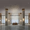 Modern Hotel Lobby Interior Design With Crystal Chandelier Tall Columns And Large Windows