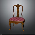 Vintage Wooden Chair With Ornate Carved Backrest And Pink Checkered Seat Cushion