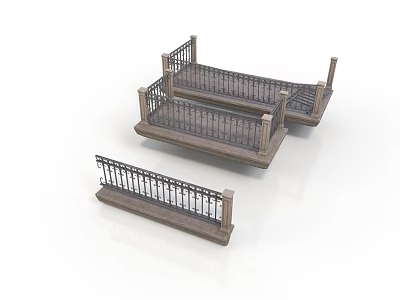 Three Architectural Railing Designs With Wooden Base And Black Metal Railings 3d model