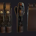 Brown Leather Wrapped Storage Container Set With Three Glass Bottles And Metal Clasps