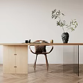 Minimalist Wooden Desk With Comfortable Chair Vase Green Plant And Storage Cabinet