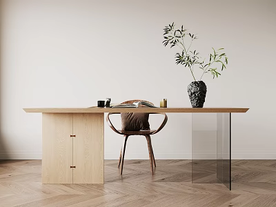 Minimalist Wooden Desk With Comfortable Chair Vase Green Plant And Storage Cabinet 3d model