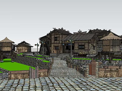 Scenic Rural Landscape With Traditional Wooden Houses Tiled Roofs Stone Paved Path And Green Grass 3d model