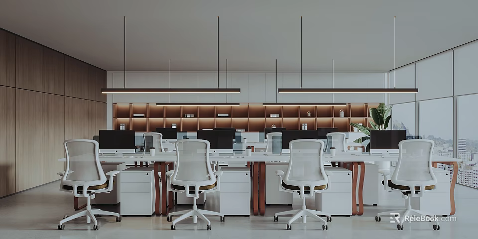 Modern Public Office Interior With White Chairs Desks Computers Hanging Lights And Plants 3d model 