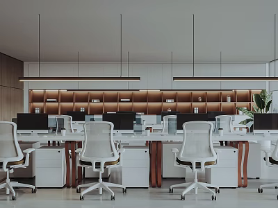 Modern Public Office Interior With White Chairs Desks Computers Hanging Lights And Plants 3d model
