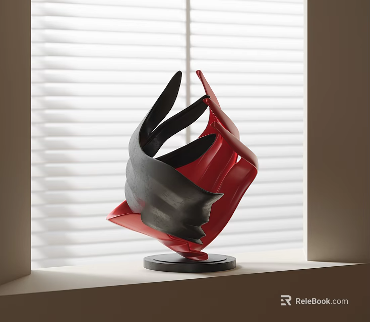 Abstract Red And Black Sculpture With Curved Shapes On Windowsill And Window Blinds Background 3d model 