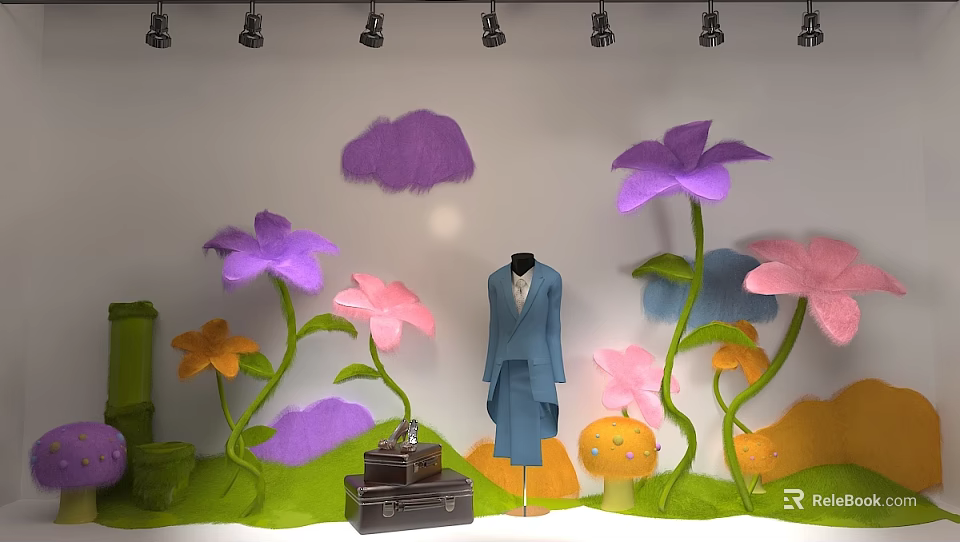 Window Display With Large Purple Pink Flowers Mushroom Decorations Blue Suit Mannequin Silver Suitcase Spotlights 3d model 