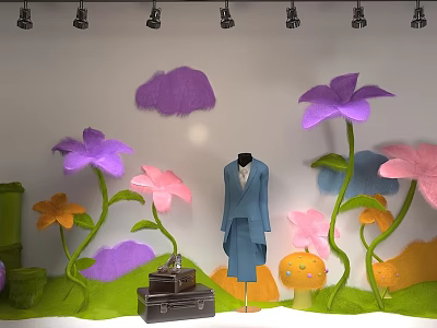 Window Display With Large Purple Pink Flowers Mushroom Decorations Blue Suit Mannequin Silver Suitcase Spotlights 3d model
