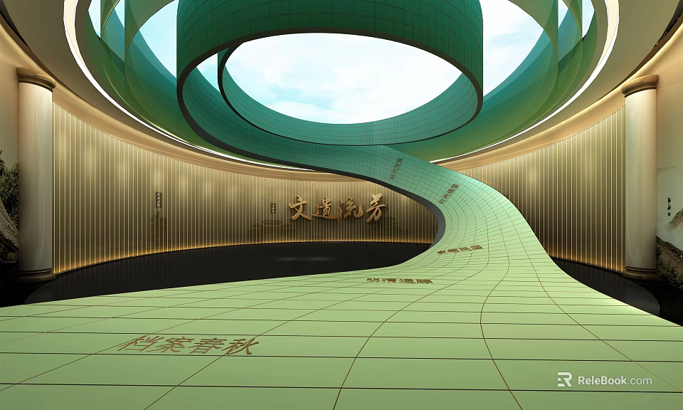 Modern Architectural Space With Spiral Green Structure Golden Walls And Grid Floor 3d model 