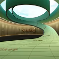 Modern Architectural Space With Spiral Green Structure Golden Walls And Grid Floor