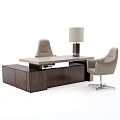Modern Office Desk With Wooden Cabinet Light Top Table Lamp And Leather Chairs