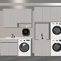 Modern Laundry Room Interior With White Cabinets Washing Machines And Sink
