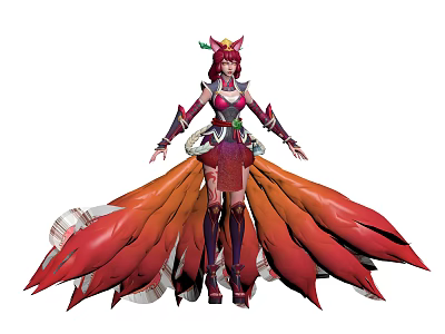 Female Character With Fox Features In Ornate Purple Red Outfit And Fluffy Red Tails 3d model
