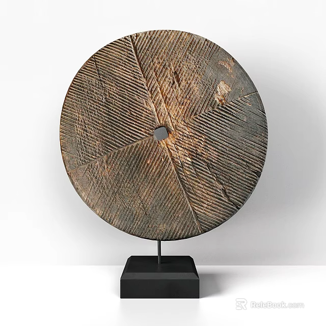 Circular Textured Decorative Wall Hanging With Wooden Pattern And Black Base 3d model