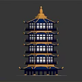 Ancient Chinese Tower With Blue Roof Golden Top And Multi Story Curved Eaves
