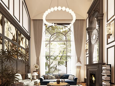 Elegant Modern Duplex Living Room Interior With Circular Chandelier Large Arched Window And Fireplace 3d model