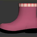 Pink Rain Boots With Checkered Cuffs Black Soles And Reflections On Black Glossy Surface