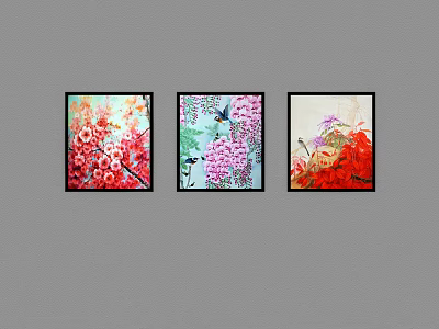 Three Colorful Floral Decorative Paintings With Black Frames On Grey Wall 3d model