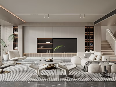 Modern Living Room Interior With White Sofa Round Coffee Table TV Wall Shelves And Plants 3d model
