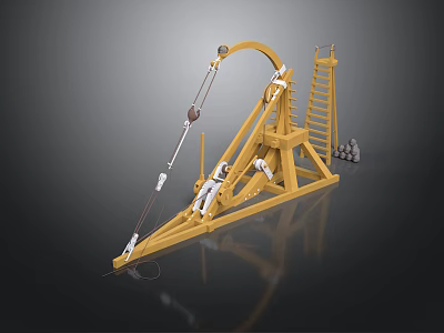Ancient Yellow Catapult Structure With Ladder Rope System And Weights 3d model
