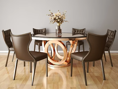 Modern Dining Table Set With Brown Leather Chairs Glass Top And Copper Base 3d model