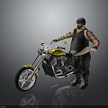 Yellow and Black Motorcycle With Flame Design And Tattooed Man In Helmet Standing Next