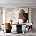 Modern Dining Table Set With Orange And Gray Chairs And Abstract Wall Art