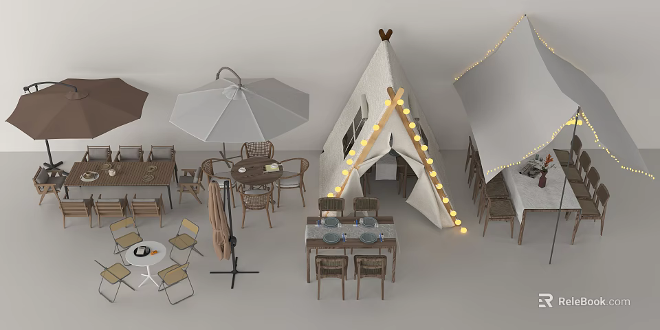 Outdoor Table with Chairs Umbrella and String Lights for Camping Setup 3d model