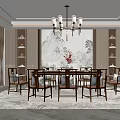 Traditional Chinese Restaurant Interior With Landscape Backdrop Dining Table Chandelier And Display Shelves