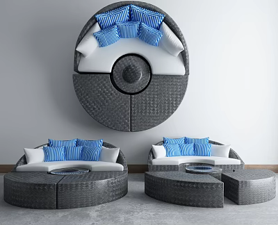 Stylish Round Woven Outdoor Sofa With Blue Cushions And Matching Coffee Table 3d model