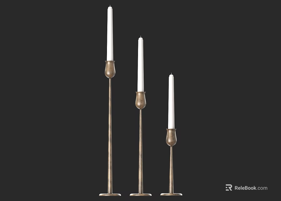 Three Brass Candle Lamps With Slender Stands And White Candles For Home Decor 3d model 