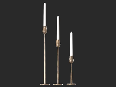 Three Brass Candle Lamps With Slender Stands And White Candles For Home Decor 3d model