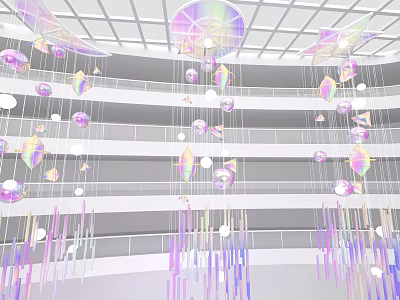 Colorful Hanging Art Installation With Iridescent Spheres In Multi Level Space 3d model