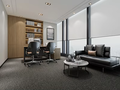 Modern Office Interior Design With Bookshelf Desk Office Chairs Sofa And Floor to Ceiling Windows 3d model