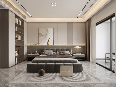 Modern Bedroom Interior Design With Upholstered Bed Decorative Painting And Area Rug 3d model