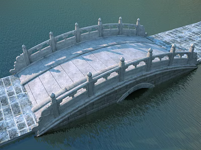Traditional Stone Arch Bridge With Decorative Railings Over Calm Water 3d model