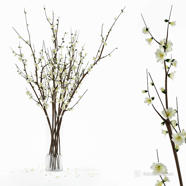 White Flower Branches Arranged in Clear Glass Vase for Modern Home Decoration 3d model 