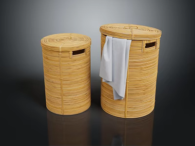 Two Wicker Storage Hamper Baskets with White Towel for Home Laundry Organization 3d model