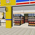 Bright Yellow Blue Supermarket Storefront With Shelves Groceries And Outdoor Seating